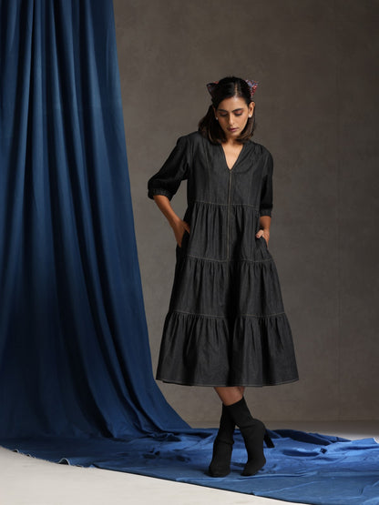 Runway- Charcoal denim tiered dress