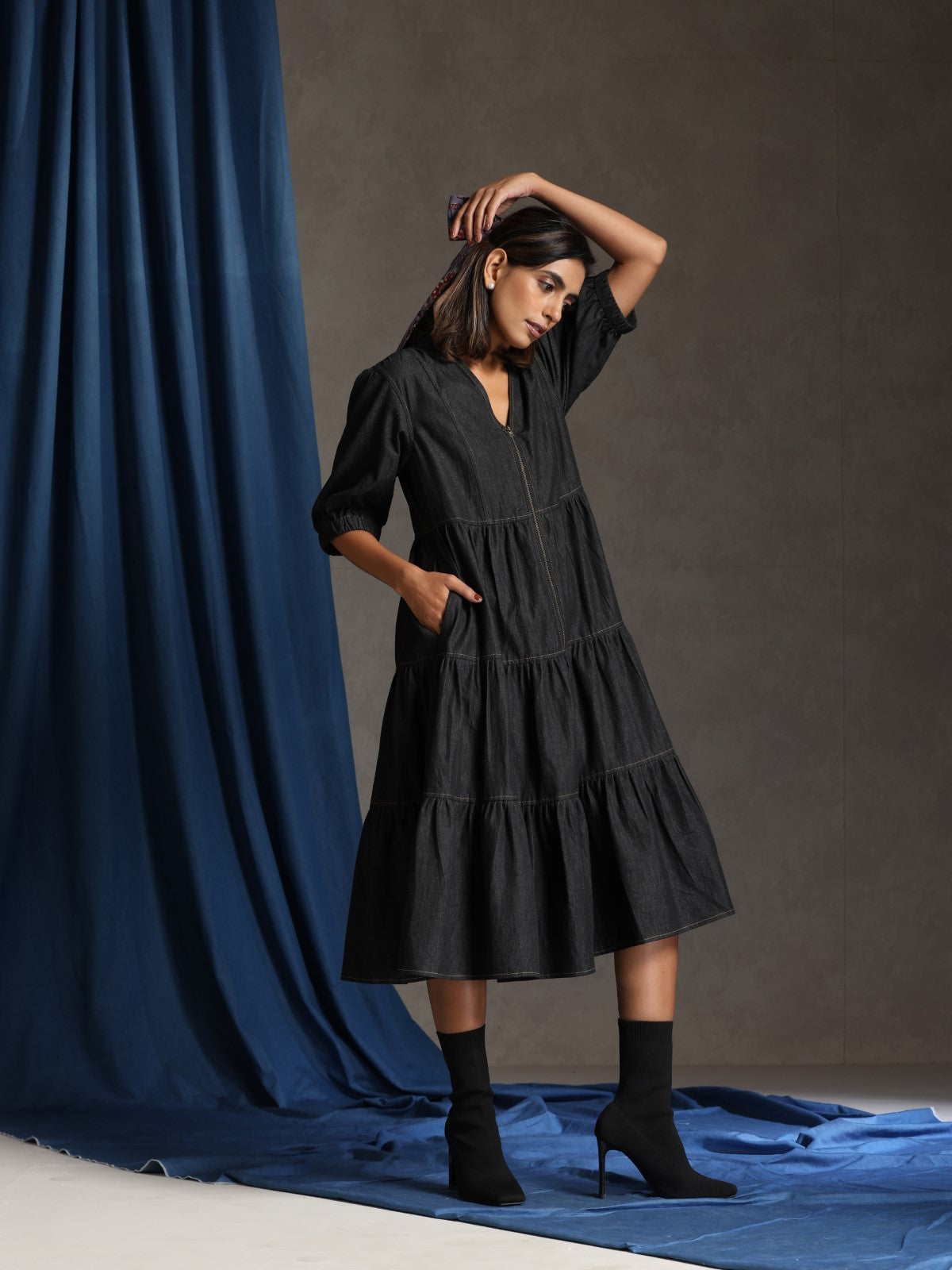 Runway- Charcoal denim tiered dress