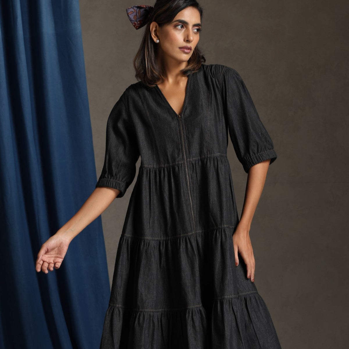 Runway- Charcoal denim tiered dress