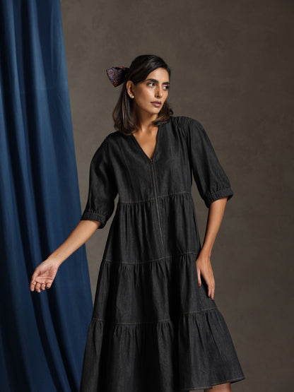 Runway- Charcoal denim tiered dress