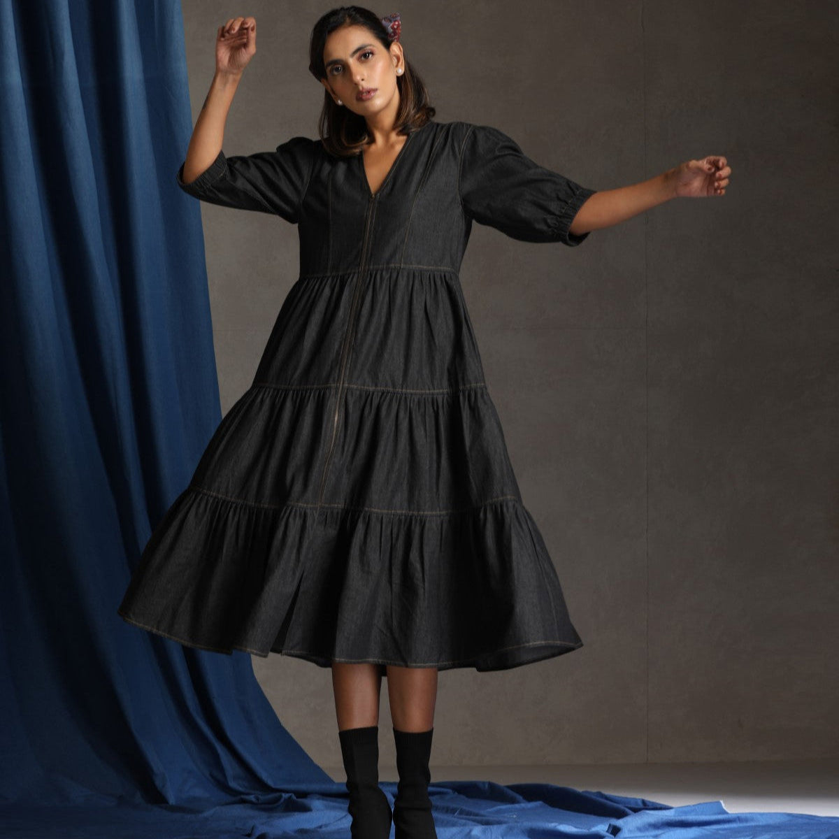 Runway- Charcoal denim tiered dress