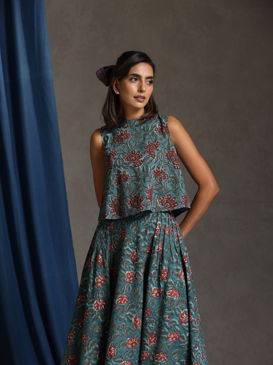 Eden- Blue floral skirt set