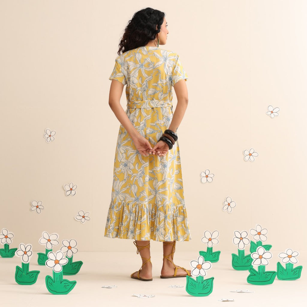 Yellow blossom wrap dress