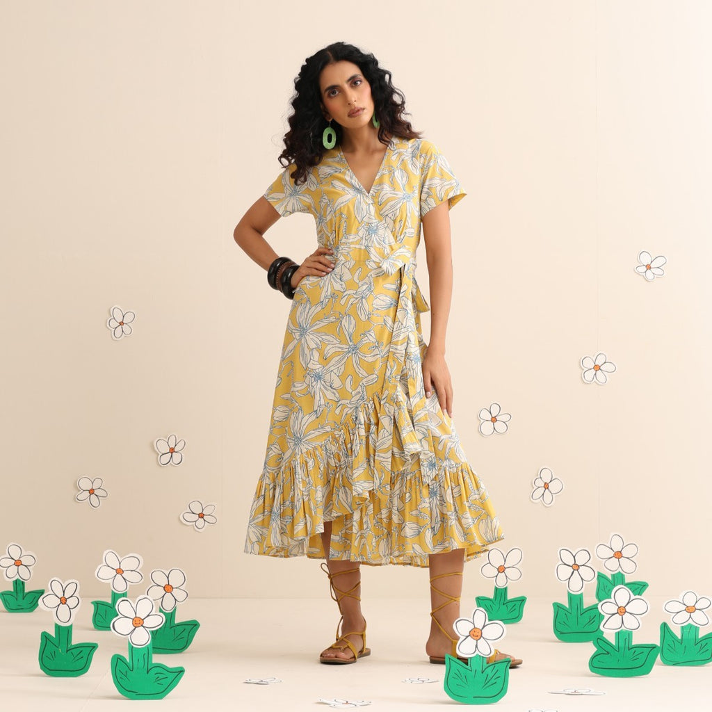 Yellow blossom wrap dress