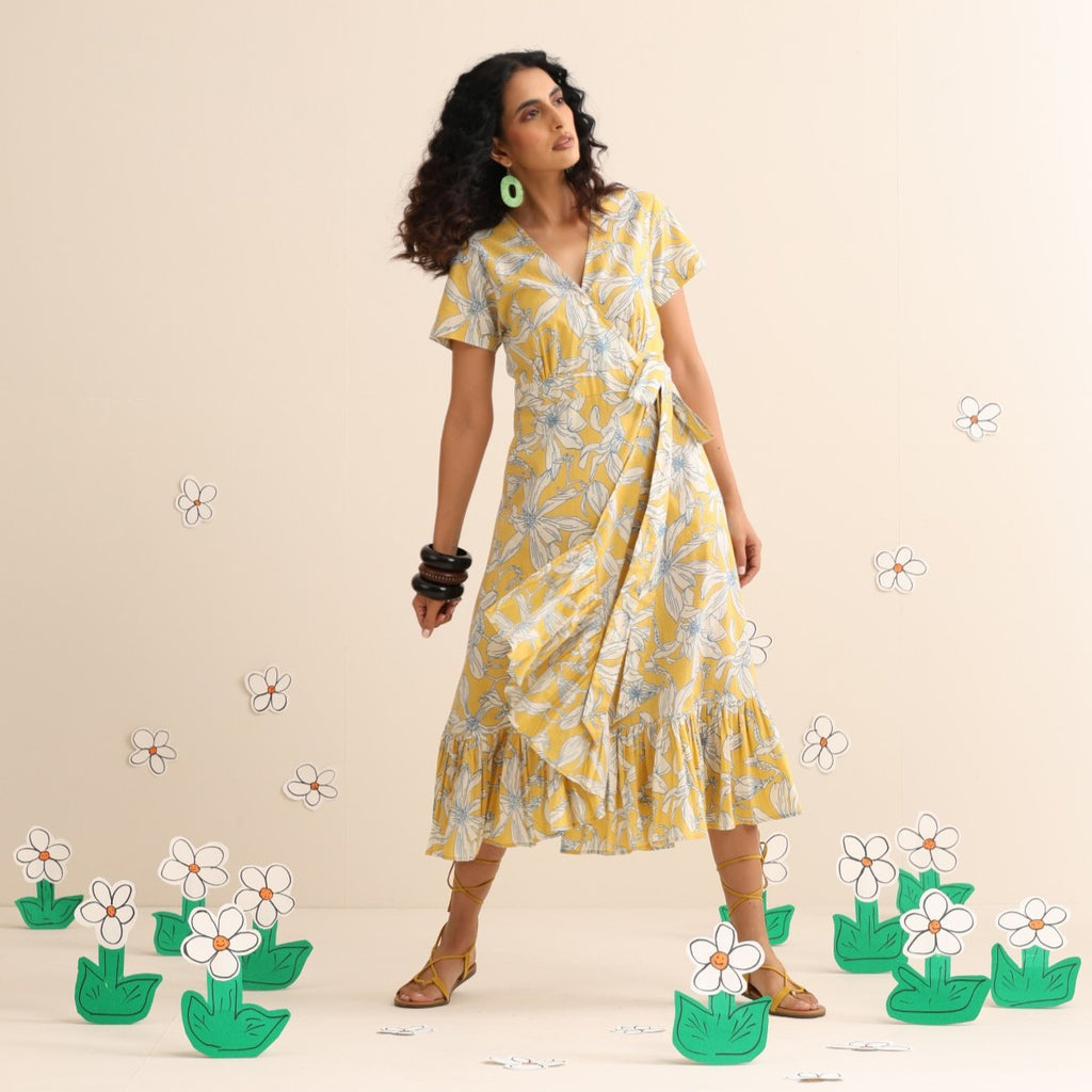 Yellow blossom wrap dress