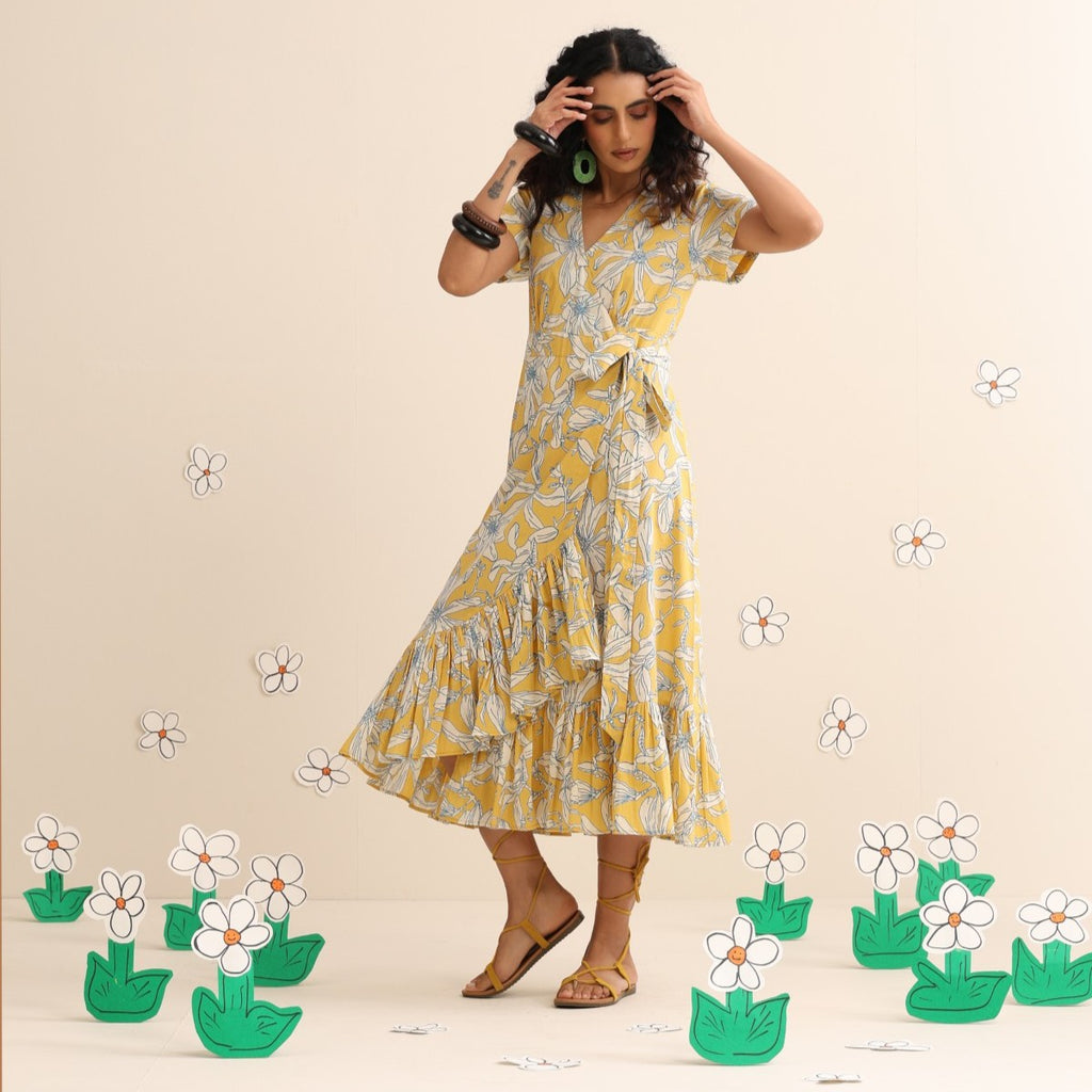 Yellow blossom wrap dress