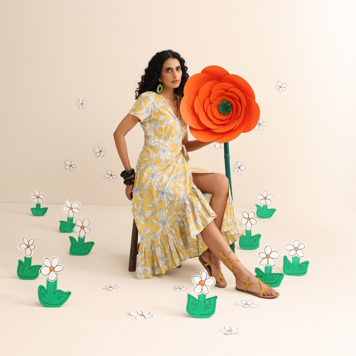 Yellow blossom wrap dress