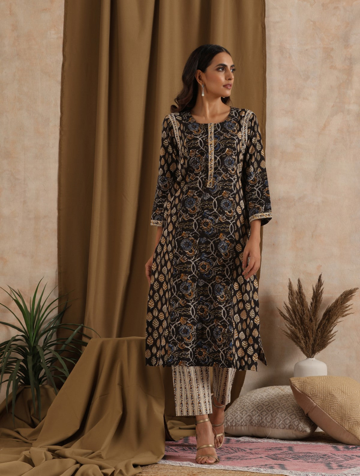 Nisha- Black floral patchwork kurta with cream pants