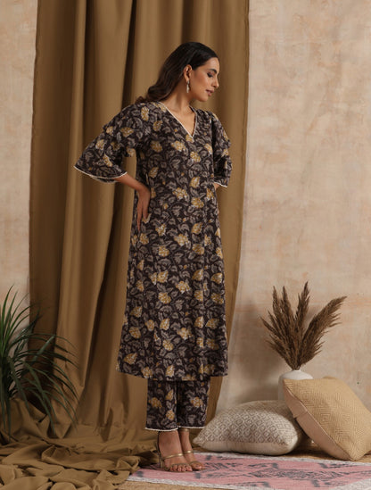 ON SALE- RaatRani-  Black grey floral kurta with ruffled sleeves and matching pants