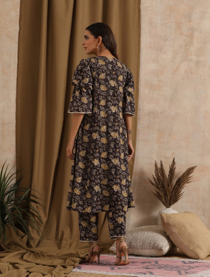 ON SALE- RaatRani-  Black grey floral kurta with ruffled sleeves and matching pants