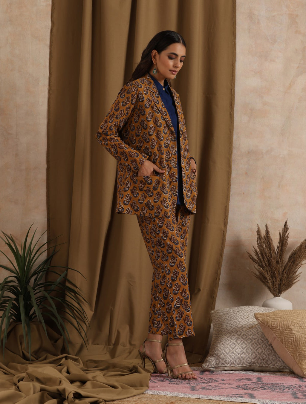 ON SALE- Kesari- Mustard pantsuit with navy shirt - 3 piece set