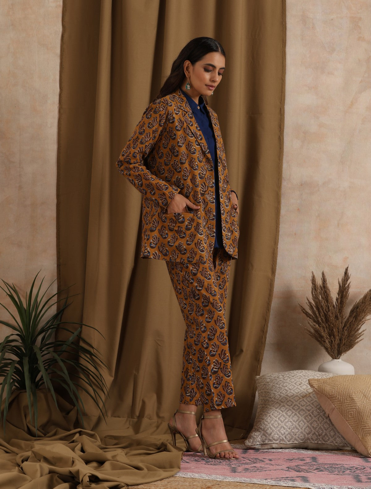 ON SALE- Kesari- Mustard pantsuit with navy shirt - 3 piece set