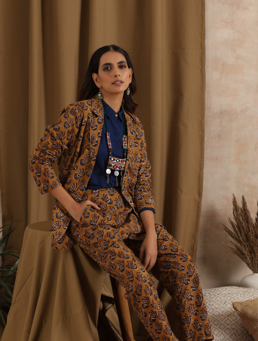 ON SALE- Kesari- Mustard pantsuit with navy shirt - 3 piece set