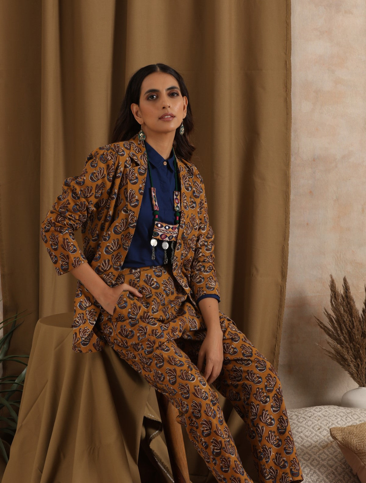 ON SALE- Kesari- Mustard pantsuit with navy shirt - 3 piece set