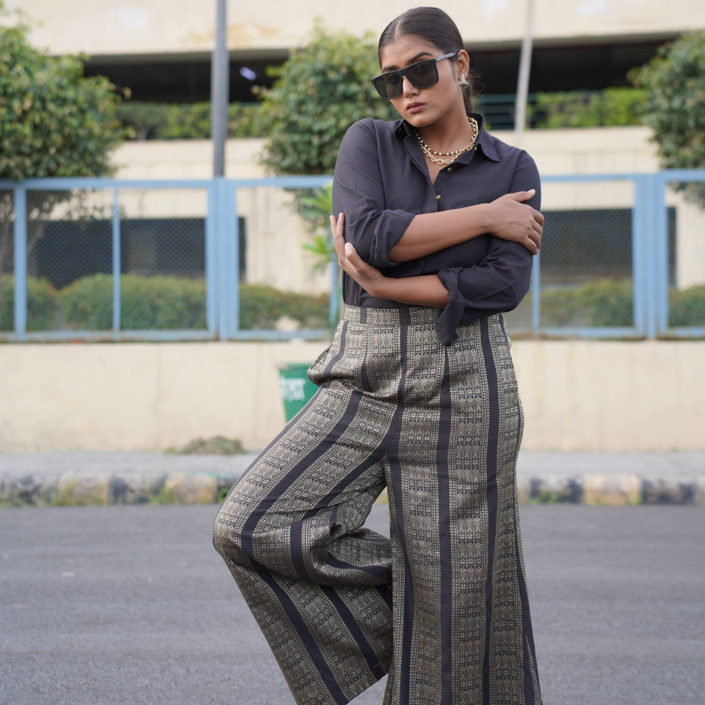 Duchess- Black shirt with black gold zari wide pants