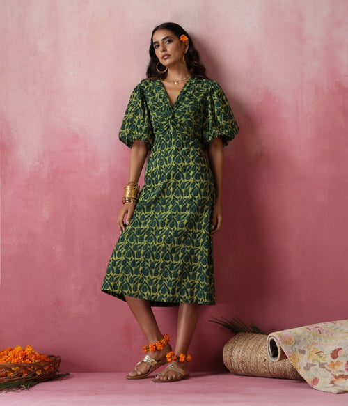Olive - block print fish dress with upcycled fabric hem Label Raasleela Olive - block print fish dress with upcycled fabric hem Label Raasleela