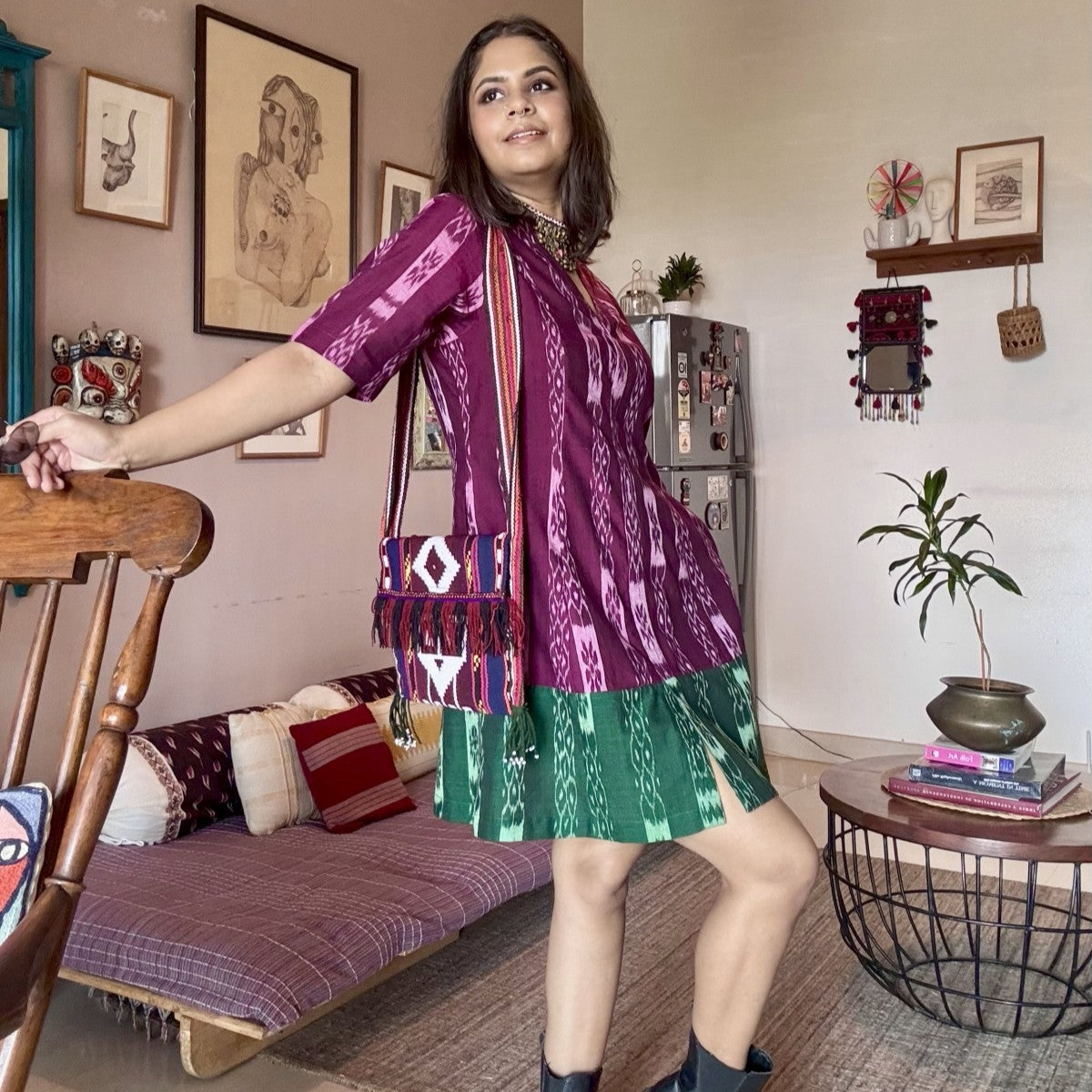 Dastaan- Wine and green color block short dress