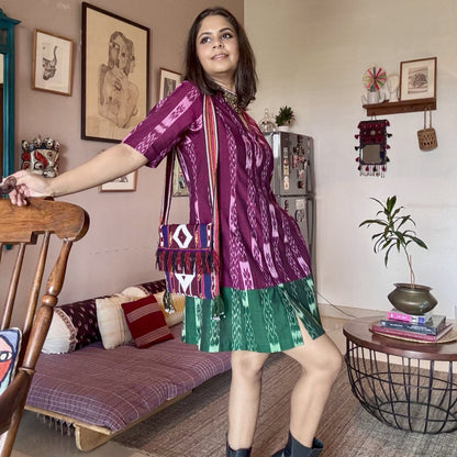 Dastaan- Wine and green color block short dress