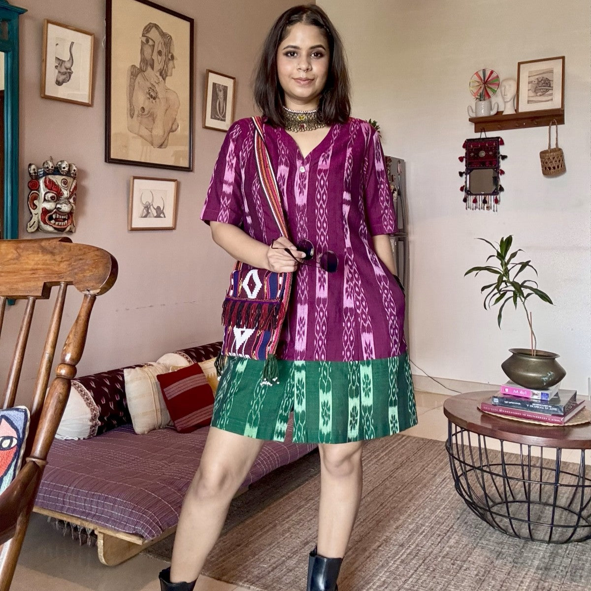 Dastaan- Wine and green color block short dress