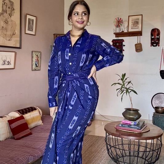 Seher - Shirt and front twist & tie skirt in handwoven ikat