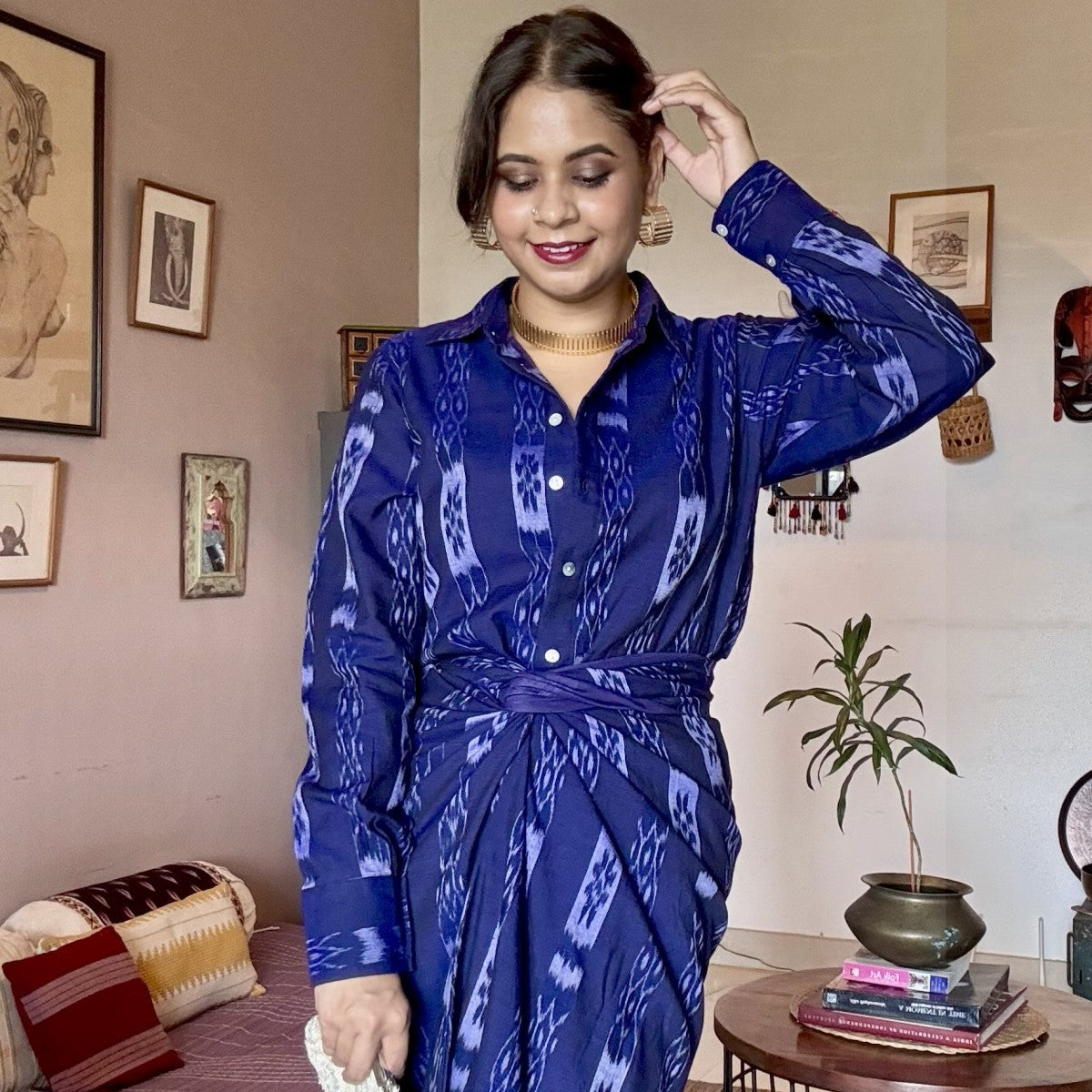 Seher - Shirt and front twist & tie skirt in handwoven ikat