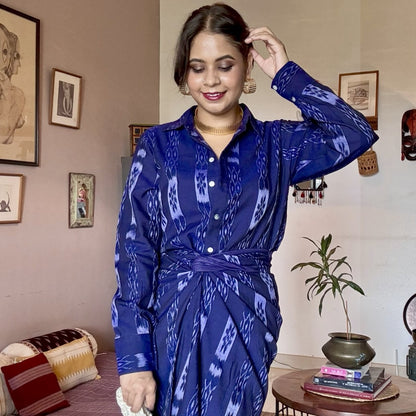 Seher - Shirt and front twist & tie skirt in handwoven ikat