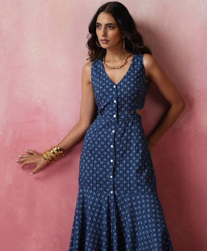 Indigo block printed dress