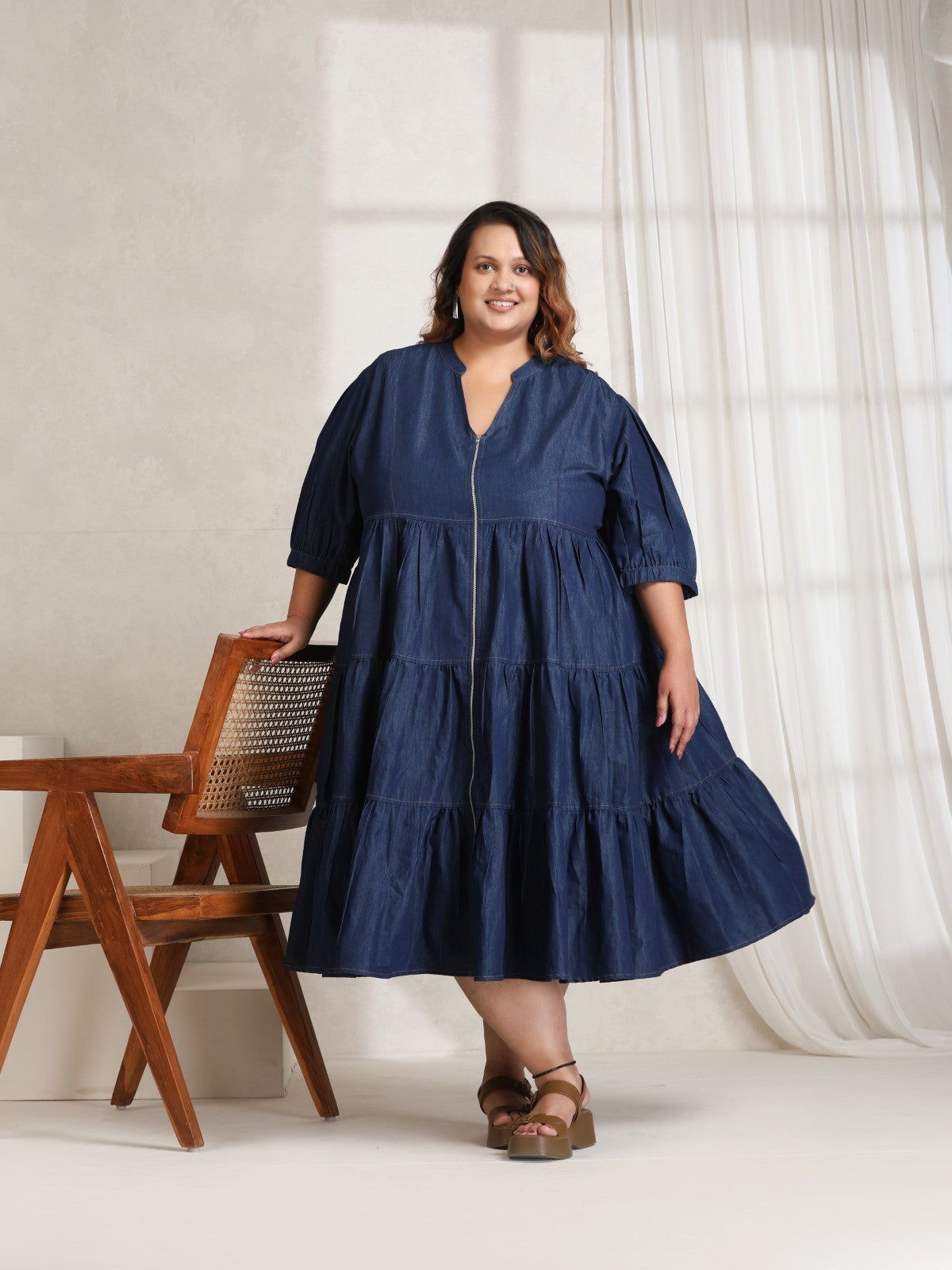 tiered denim dress Vibe- Deep blue denim tiered dress XL