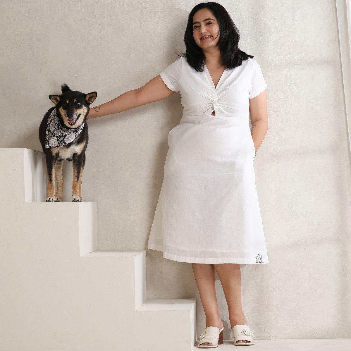 Front twisted White cotton dress - fully lined, 100% cotton S Front twisted White cotton dress - fully lined, 100% cotton S