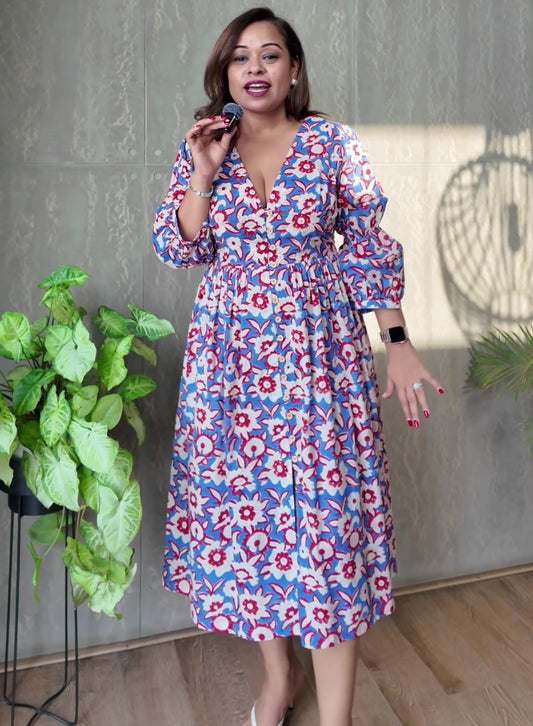 Floral fields- Deep neck floral dress with flouncy sleeves