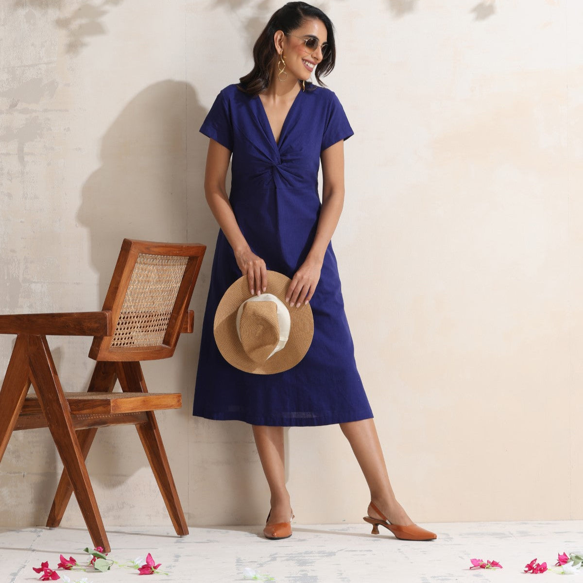 Blue Flowy Midi Dress In 100% Cotton 3XL