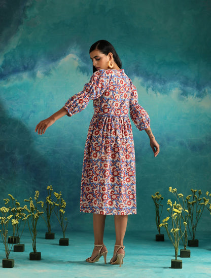 Floral fields- Deep neck floral dress with flouncy sleeves