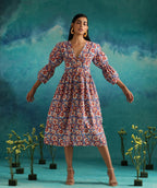 Floral fields- Deep neck floral dress with flouncy sleeves