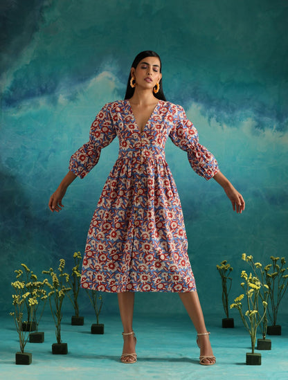 Floral fields- Deep neck floral dress with flouncy sleeves