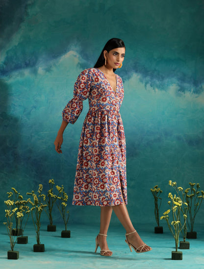 Floral fields- Deep neck floral dress with flouncy sleeves