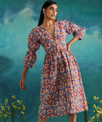 Floral fields- Deep neck floral dress with flouncy sleeves