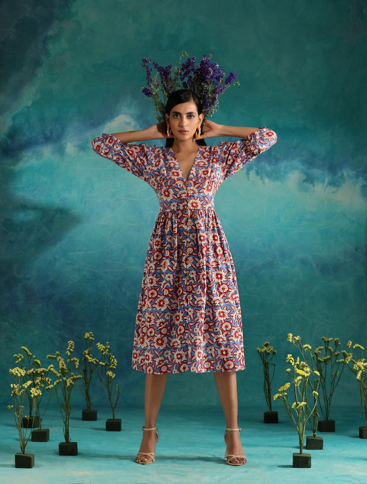 Floral fields- Deep neck floral dress with flouncy sleeves