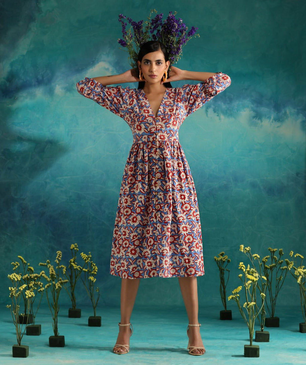 Floral fields- Deep neck floral dress with flouncy sleeves