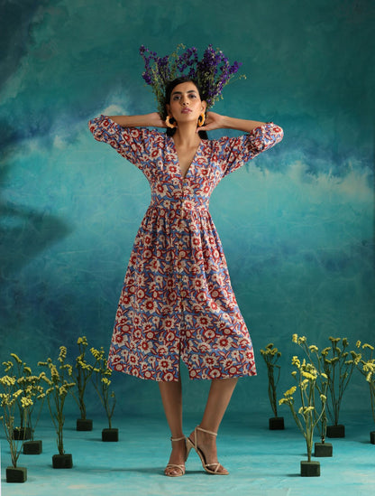 Floral fields- Deep neck floral dress with flouncy sleeves