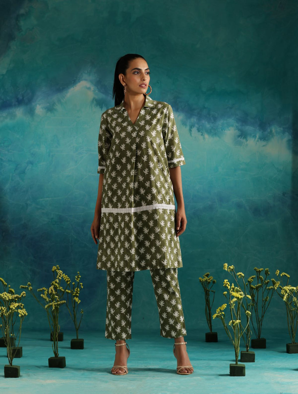 ON SALE- Olive leafy casual coord kurta set
