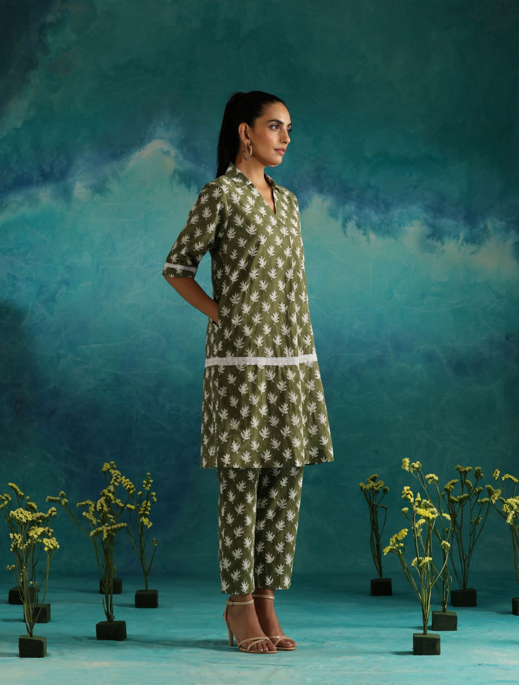 ON SALE- Olive leafy casual coord kurta set