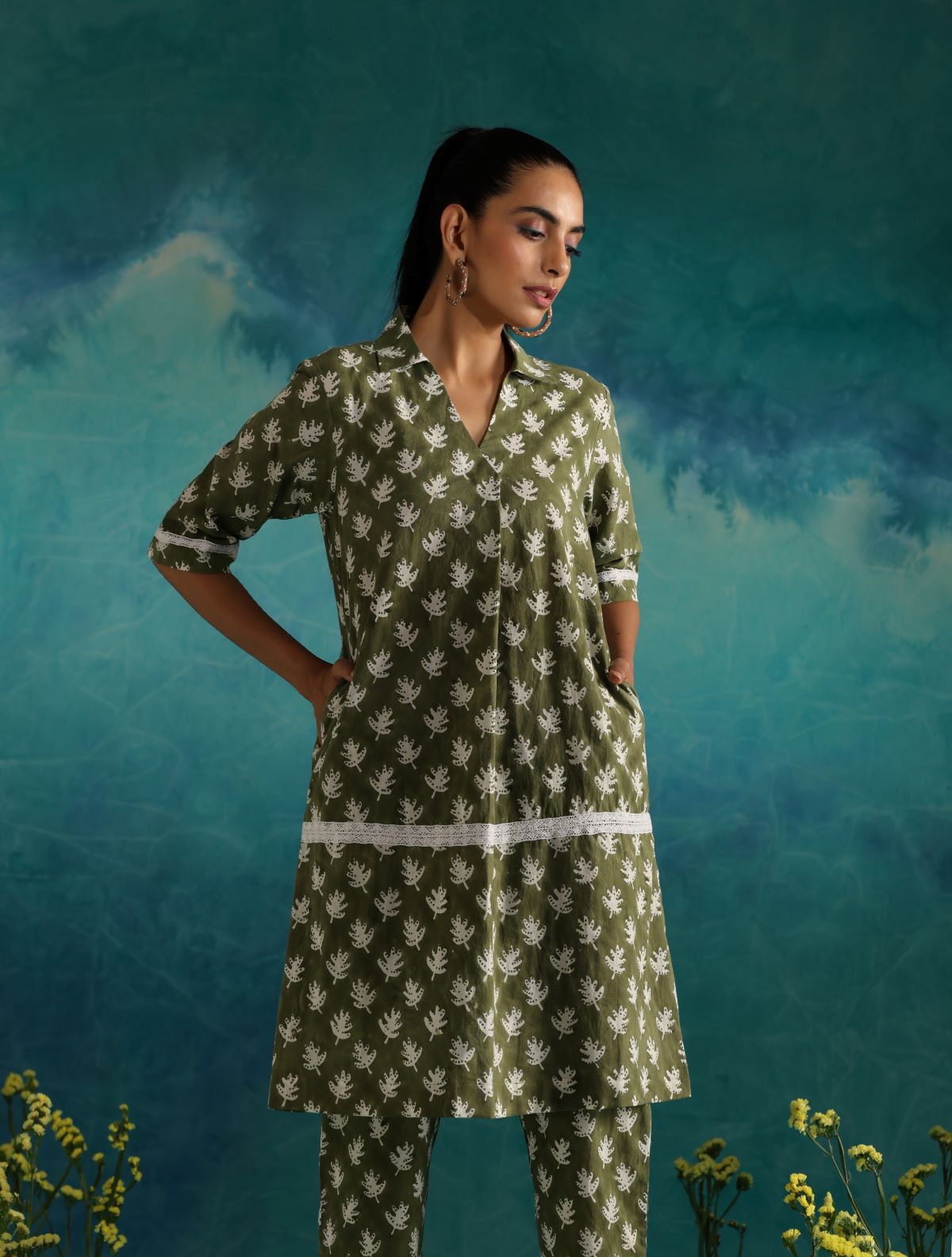 ON SALE- Olive leafy casual coord kurta set