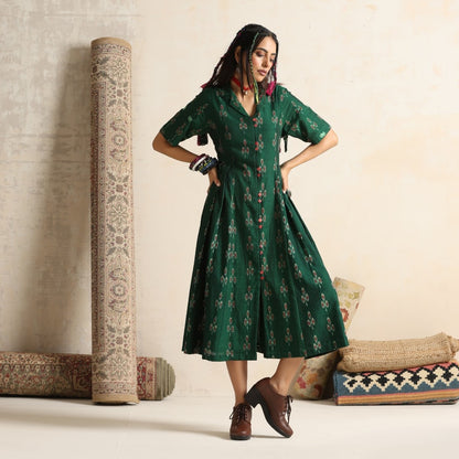 Arzu- Green front button pleated dress