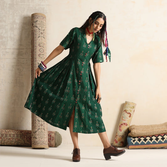 Arzu- Green front button pleated dress
