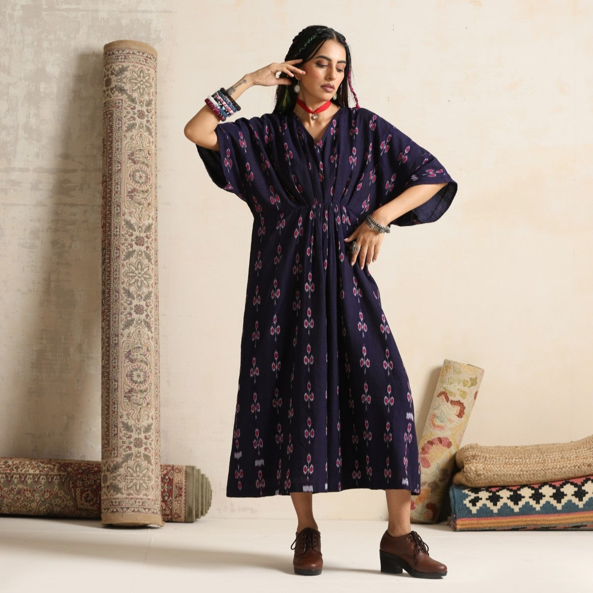 Haseen- Front pleated dress / kaftan in handwoven ikat