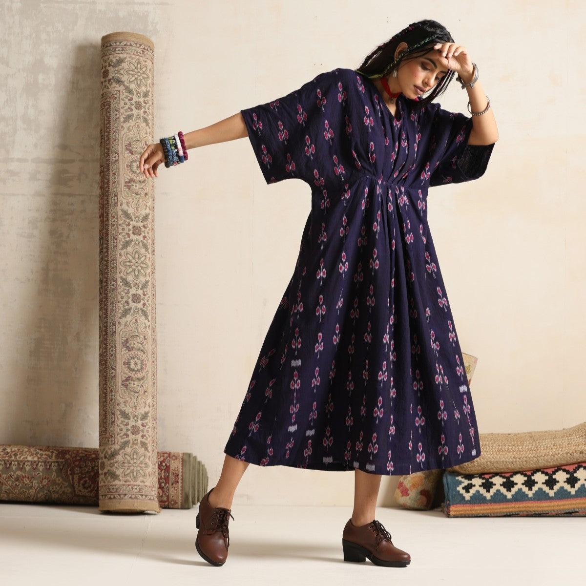 Haseen- Front pleated dress / kaftan in handwoven ikat