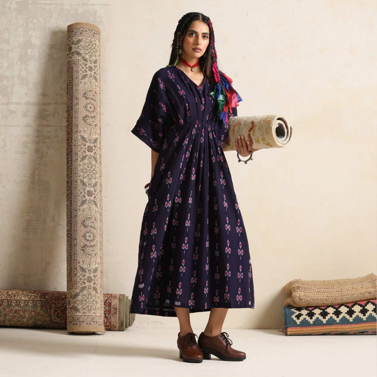 Haseen- Front pleated dress / kaftan in handwoven ikat