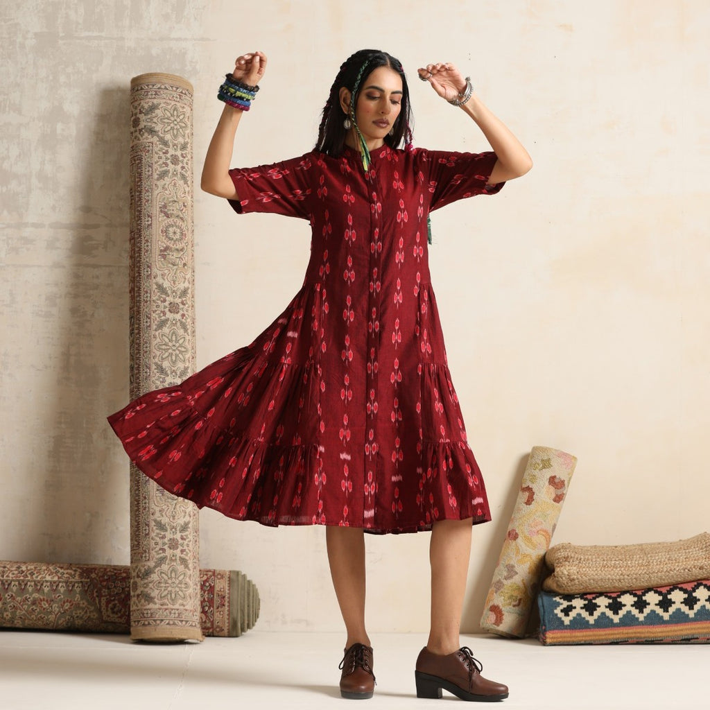 ON SALE- Ruya- Rust handwoven ikat tiered dress