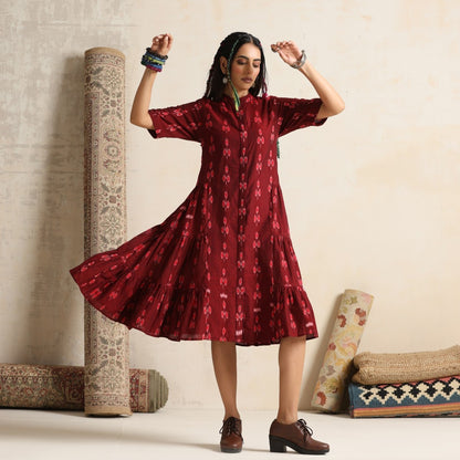 Ruya- Rust handwoven ikat tiered dress