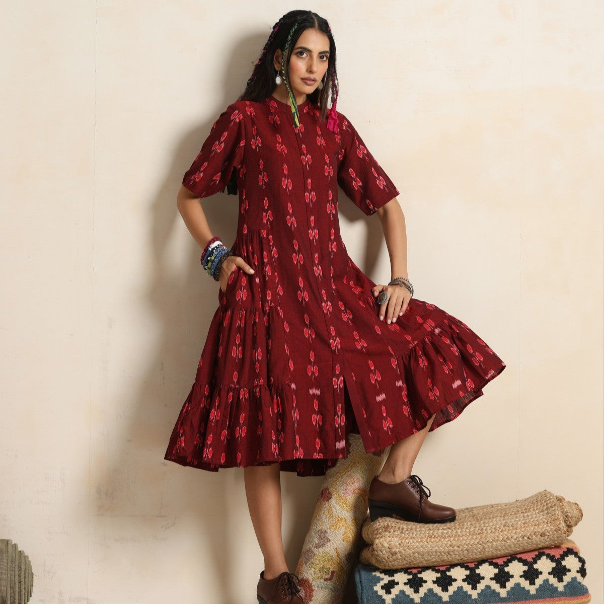 ON SALE- Ruya- Rust handwoven ikat tiered dress
